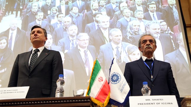 Slovenias President Borut Pahor, heading a 60-strong economic delegation, attended Iran-Slovenia economic forum at Iran Chamber of Commerce, Industries, Mines and Agriculture (ICCIMA) on Tuesday.