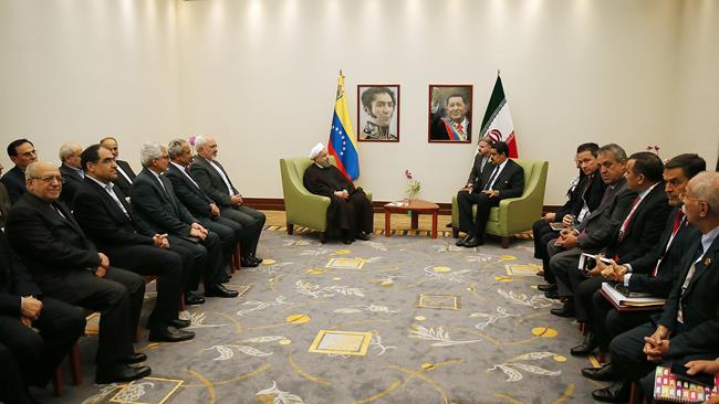 Irans President Hassan Rouhani met with his Venezuelan counterpart Nicolas Maduro on Friday night and stressed Tehrans readiness for further cooperation with Caracas.